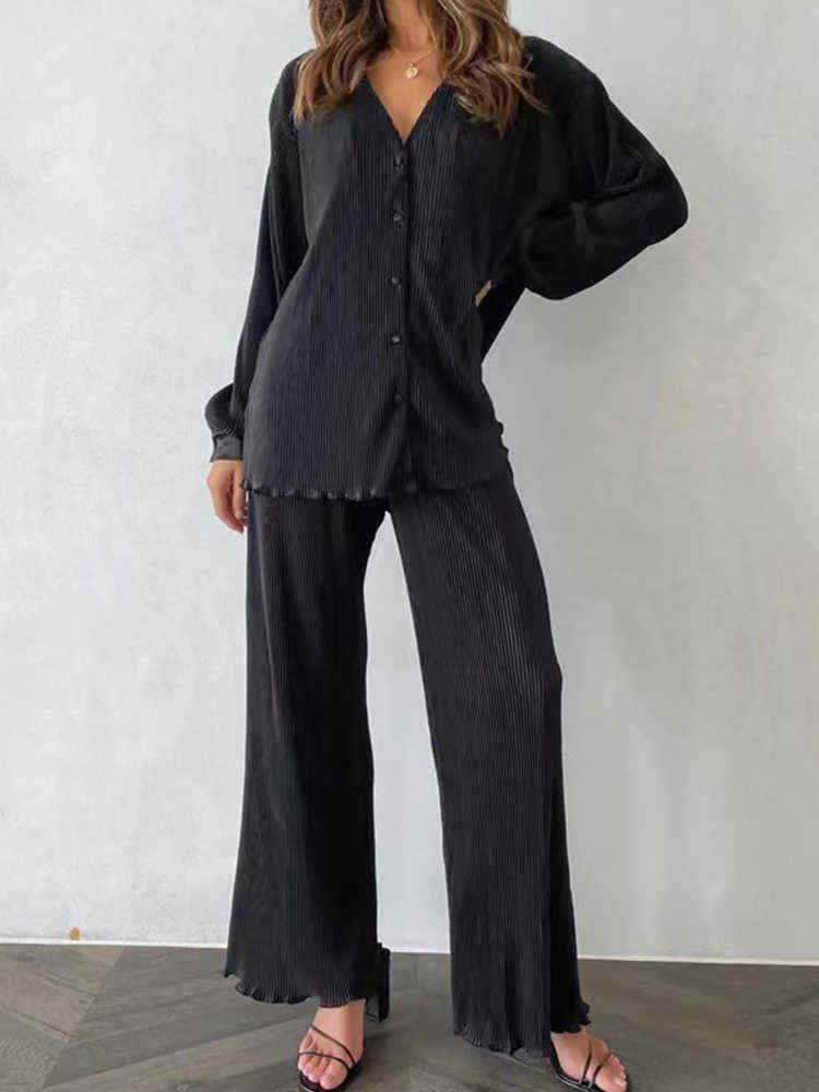 

Spring Summer Women Loose Outfits Elegant Lapel Button Shirt and Wide Leg Pant Set Casual Long Sleeve Solid Houngewear 2Pc Suits T220729, 05 brown