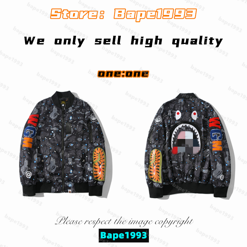 

High Quality Apes Mens Jackets Japan Shark B ape head Brand co-branding Luminous Camouflage Galactic spots Male and female of the same styles New man jackets 1993 JK1-2, 1 button