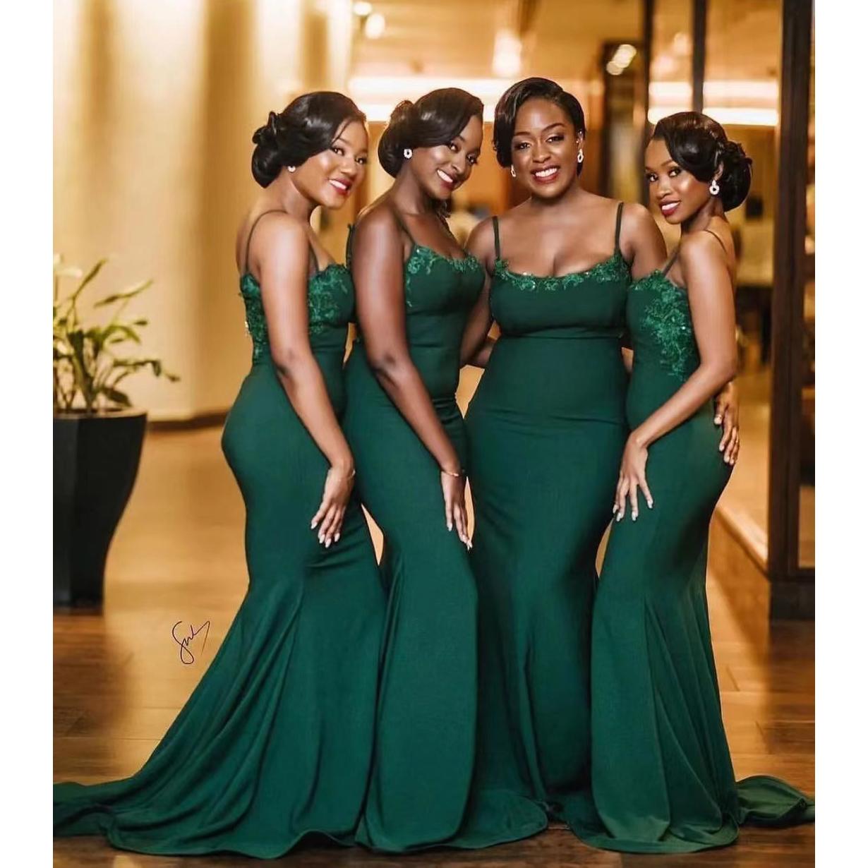 

African Green Bridesmaid Dresses Appliques Sleeveless Floor Length Long Mermaid Gowns Wedding Party Dress Vestidos De Fiesta Para Bodas