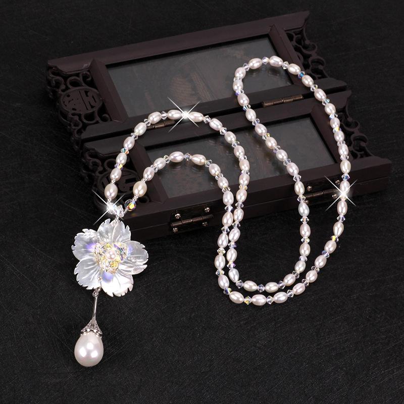 

Pendant Necklaces Elegant Shell Pearl Handmade Flower Water Drop Long Necklace Tassel Sweater Chain Crystal Beads JewelryPendant