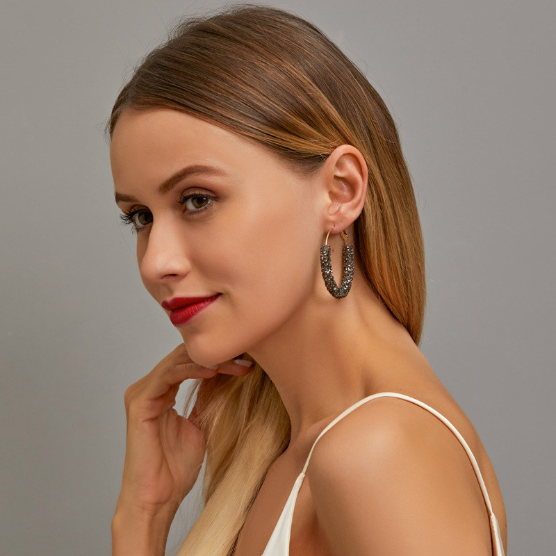 

Women Trendy Half Circle Hoop Earrings Retro Rhinestone C-shaped Drop Earrings Female Large Round Alloy Ear Dangle Jewelry Accessories Gold Black Gray
