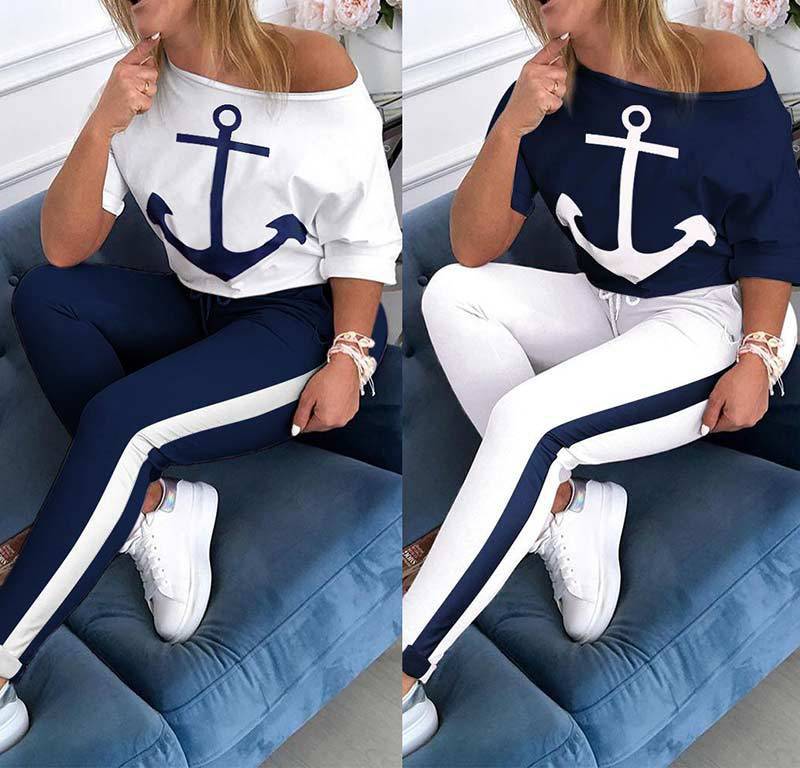 

Printed boat anchor tracksuits middle sleeve round neck sports suit, White
