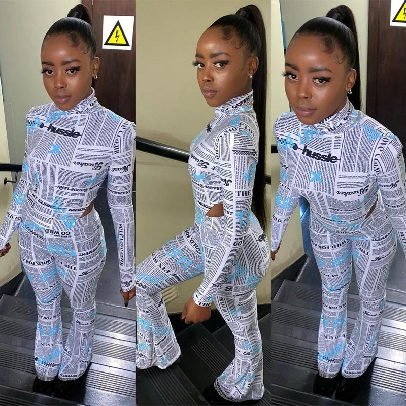 

Women' Two Piece Pants Sexy Set Women Spring Letter Print O-neck Bodysuit+Pants Sets Nightclub Vacation Club Outfits Streetwear Wholesale, Black