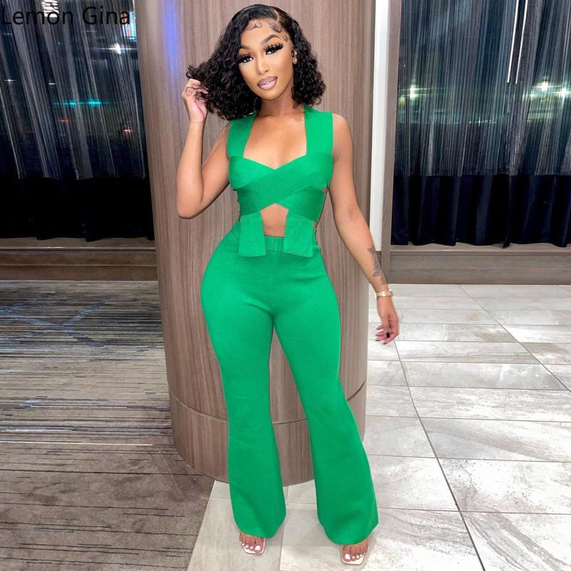 

Women' Two Piece Pants Lemon Gina Street Sexy Tracksuit Halter Neck Twist Crop Tops And Straight Suit Matching 2 Set Outfits, Fluorescent green