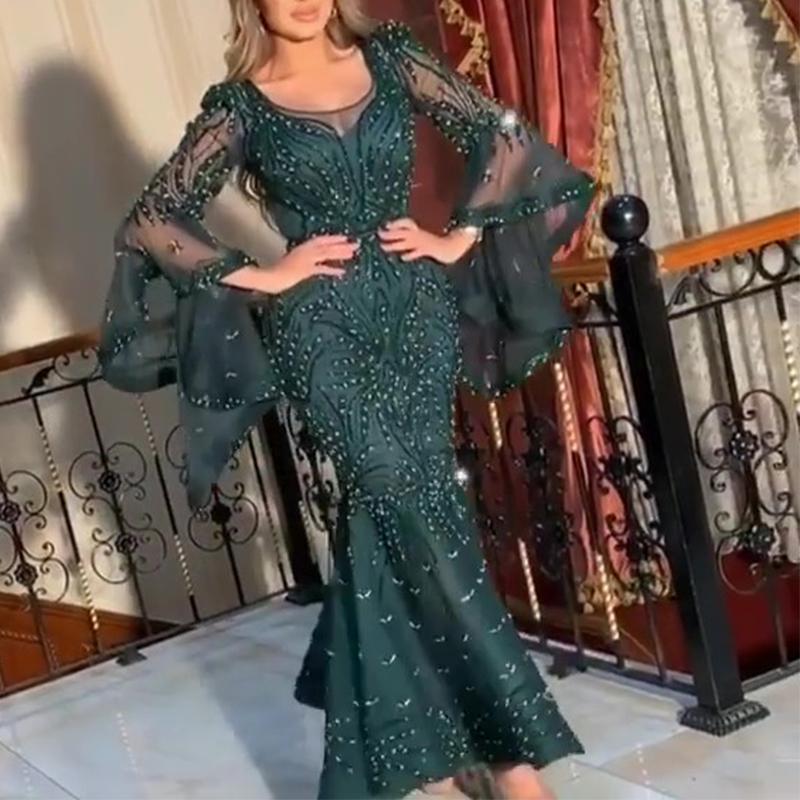

2022 New Arrival Green Sexy Party Wear Dress Long Sleeve Mermaid Prom Dress Sequin Beaded Lace Evening Dresses, Same as picture