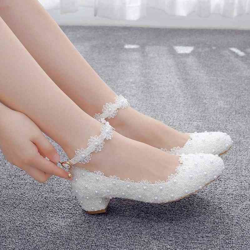

Crystal Queen Women's High Heels White Lace Wedding Shoes Sexy Bride Party 3CM Pointed Toe Shallow Mouth Pumps H220422