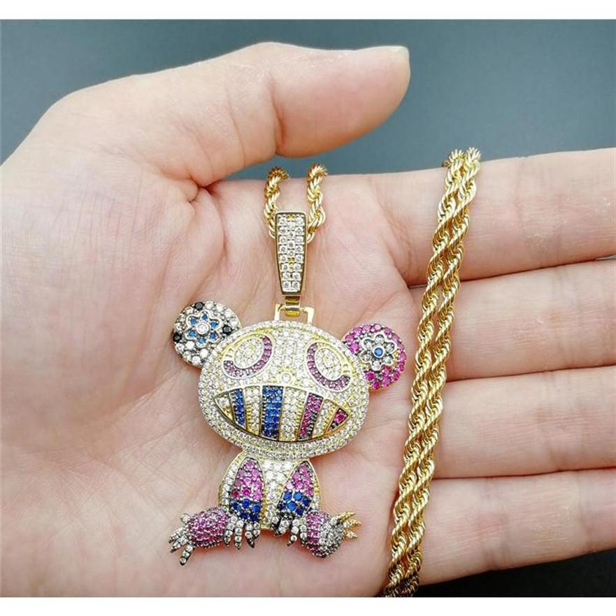 

18k Yellow Gold Multi-color Iced Takashi Murakami Panda Pendant Necklace Micro Paved Zircon Me wmttSv whole2019239A