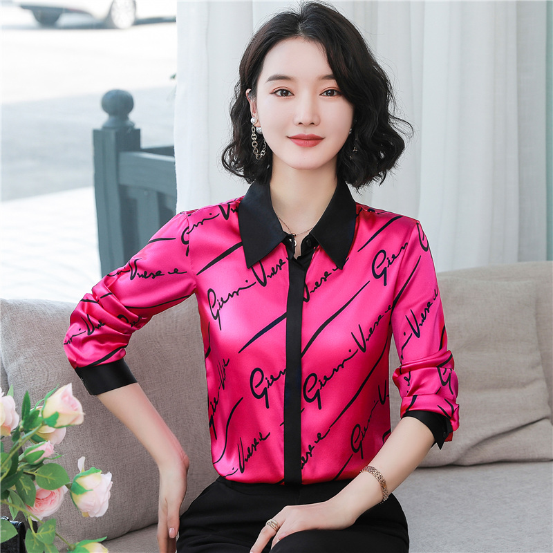 

Fashion Printed Rose Red Silk Shirts Long Sleeve 2022 Runway Designer Ladies Button Down Casual Office Satin Blouses Plus Size Women Turndown Neck Tops Spring Summer, Contrast color