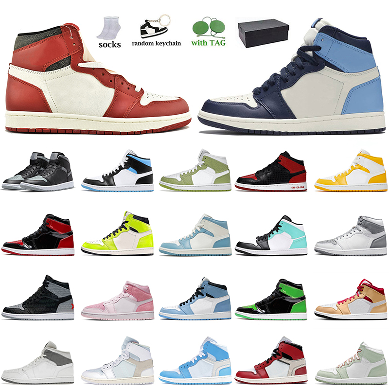 

1s Basketball Shoes 2022 Athletic Women Mens Jumpman 1 Outdoor Sport Traienrs Chicago Reimagined Obsidian Patent Bred Text Green Python High OG Stealth Men Sneakers, B65 tan gum 36-46