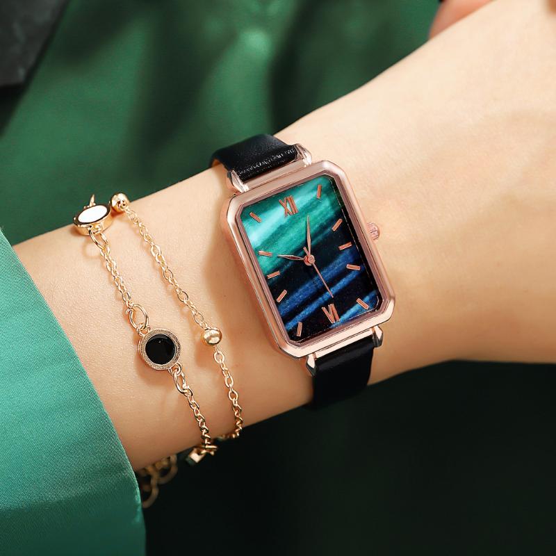 

Wristwatches Fashion Women's Small Leather Band Analog Green Imitation Marble Dial Quartz Clock Dress Ladies Watches For Women Reloj Muj