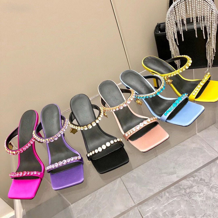 

New Luxury Brand Women Sandals Summer Silk Genuine Leather Crystal Modern Slippers Square Open-Toes Super High Heels Zapatos De Mujer, Black