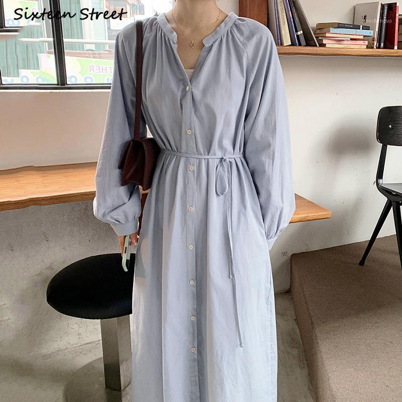 

Casual Dresses Vintage Lantern Sleeve Maxi Dress Woman V-neck Single-breasted Lace-up Loose Shirt Vestidos Ladies Harujuku Autumn, Clear