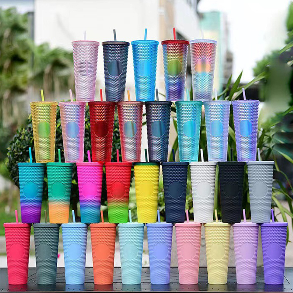 Tumbler Studded Cold Cup Godness 24oz 710ml Starbucks Double Wall Matte Plastic Tumblers Coffee Mug With Straw Reusable Clear Drinking Custom LOG-image-759444363