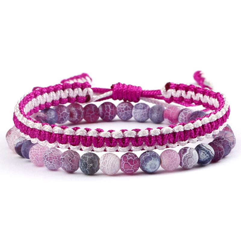 

Beaded, Strands 2Pcs/Set Women Thread Rope Bracelet Natural Multicolor 6mm Weathered Stone Charm Beads Bangle Men Jewelry Gift For Couple Fr