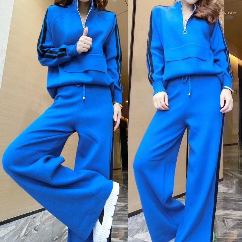 Survêtements pour femmes automne 2022 printemps tricoté 2 pièces ensemble femme costume de sport décontracté pull à la mode pantalon large jambe