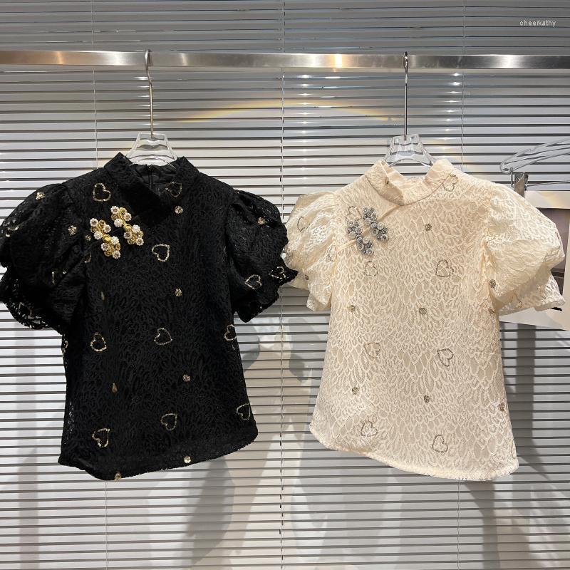 

Women' Blouses & Shirts Summer Retro Stand Collar Blouse Beads Buckle Puff Sleeve Shirt Female Lace Elegant Woman Tops BusasWomen' Chee22, Black