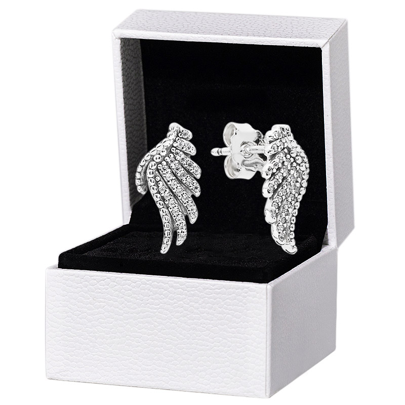 

Authentic 925 Sterling Silver Wing Stud Earring Original box for Pandora CZ diamond Feather Earrings Women gift Jewelry set