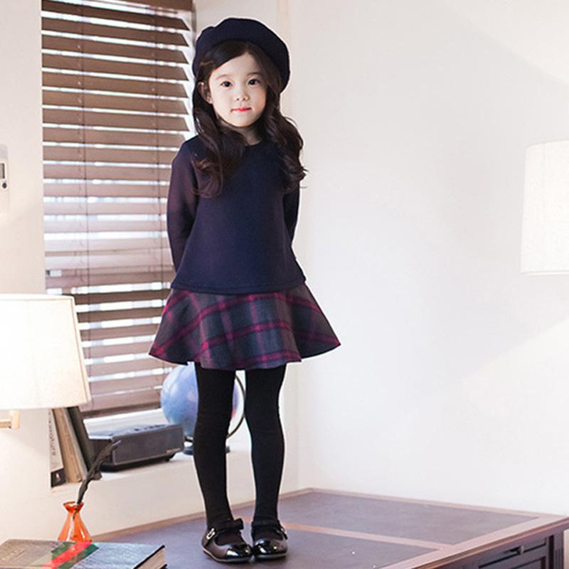 

Girl's Dresses Autumn Winter Kids For Girls Long Sleeve Plaid Patchwork Princess Dress Korean Style Cotton 90-170cm BC480, As picture