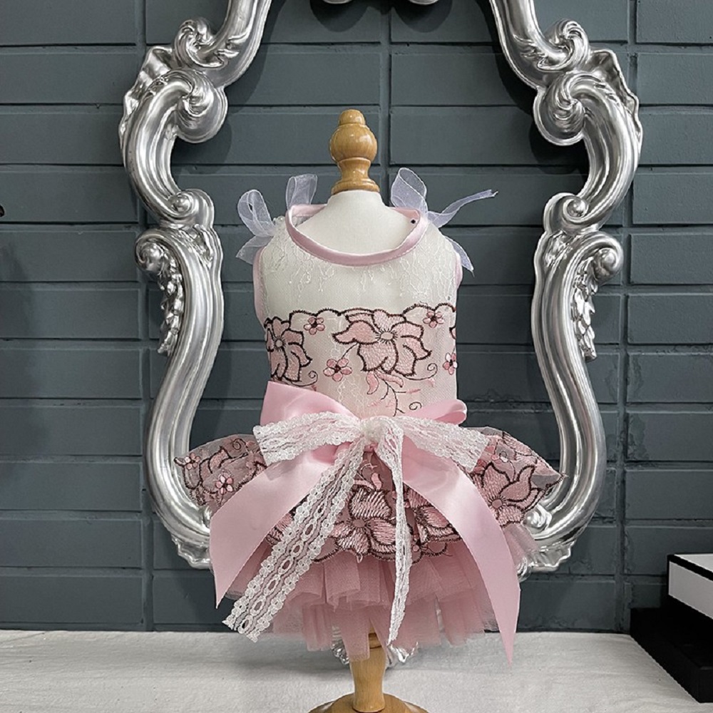 

Handmade Dog Apparel Clothes Summer Pet Dress Embroidery Hibiscus Hollow Out Lace Breathable Sun-Resistant Outfit Party Holiday Birthday, Pink