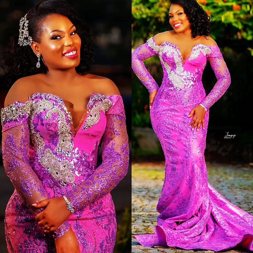 

Fuchsia Prom Dresses 2022 Lace Applique Beaded Off the Shoulder Long Sleeves Sequins Mermaid Tulle Sweep Train Evening Party Gown vestidos, Royal blue