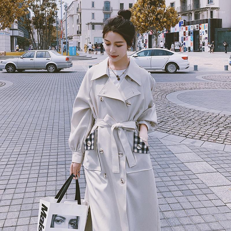 

Women' Trench Coats Korean Style Double Breasted Belt Long Coat For Women Elegant Fashion Loose Casual Beige Windbreaker Spring Fall Q608