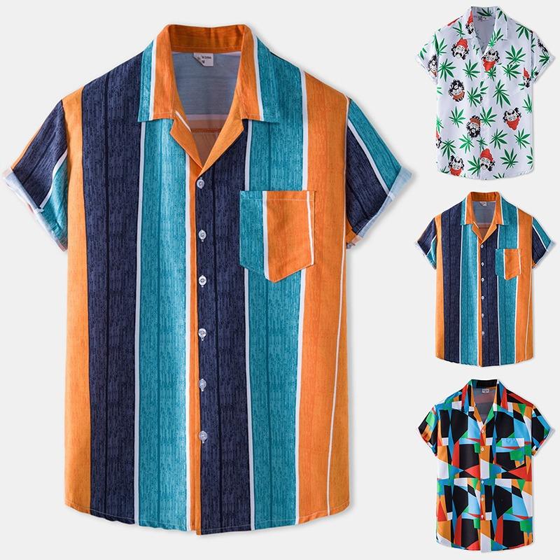 

Men' Casual Shirts Summer Men' Short Sleeve Floral Shirt Hawaiian Beach Style Half Cardigan Fashion Comfortable Stripe ShirtMen