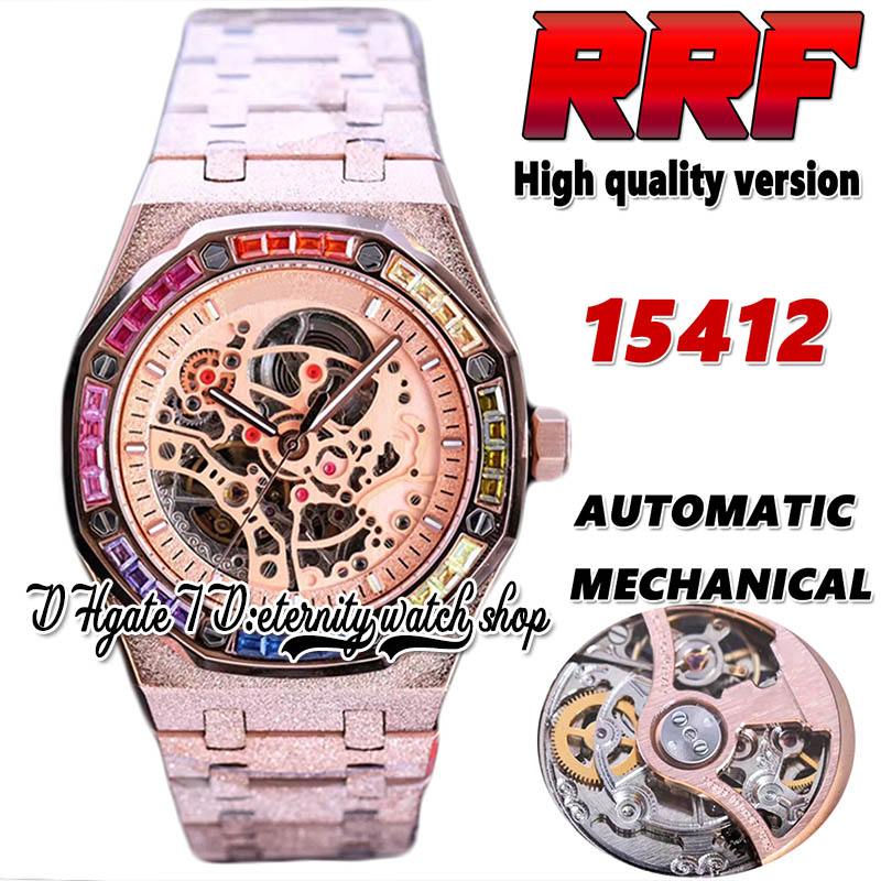 

2022 RRF cf15412 Automatic Mechanical Mens Watch Rainbow T Diamonds Bezel Rose Gold Case Skeleton Dial Double Balance Frost Gold Craft Bracelet eternity Watches, Watch waterproof production cost