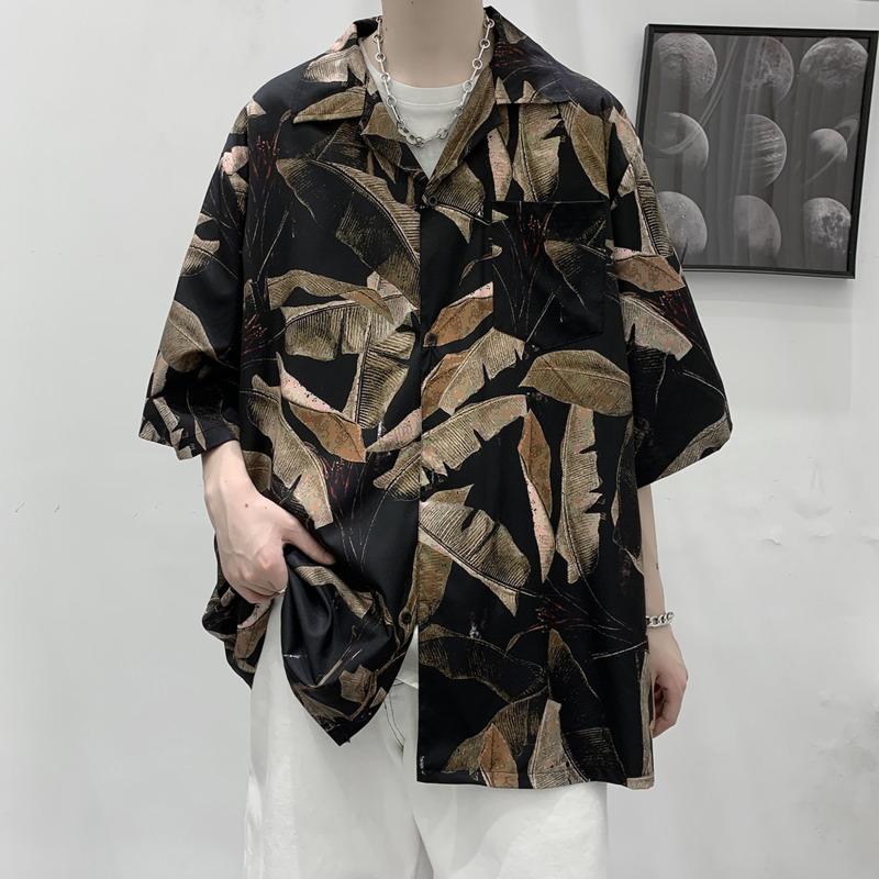 

Men's Casual Shirts Summer Short Sleeve Men Fashion Printed Korean Loose Oversized Flower Mens Hawaiian -XLMen's, Brown