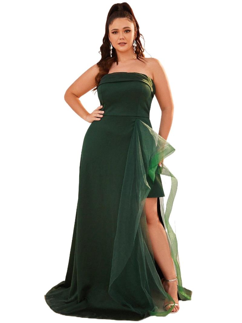 

Plus Size Dresses Contrast Mesh Draped Split High Tube Prom Dress Q415#Plus, Dark green