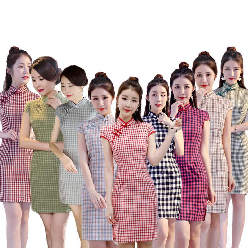 

Ethnic Clothing Sheng Coco 8 Color Cheongsam Improvement Daily Ladies Low Slit Qipao Short Dresses Cotton Lattice Chinese Traditional DressE