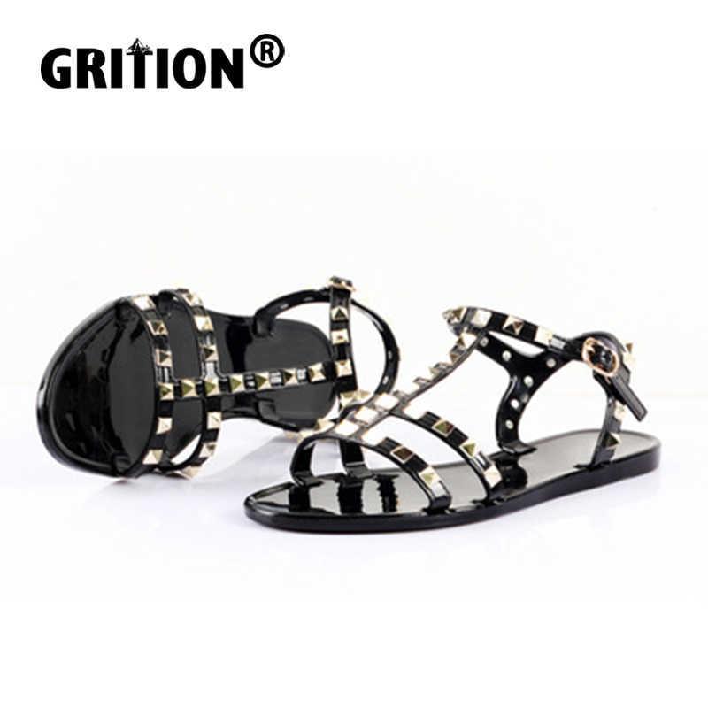 

GRITION Women Sandals Studded Flat Heels Non-Slip Jelly Summers Shoes Roman Style 36- Lightweiht Comfortable Valentinoe''Valentinoity keP, Red