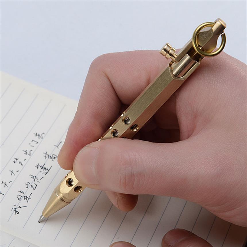 

Solid Brass Six-Edge Actions Bolt Ball Pen with Key Ring Outdoor and Home Pocket Office Supplies EDC Tool2789