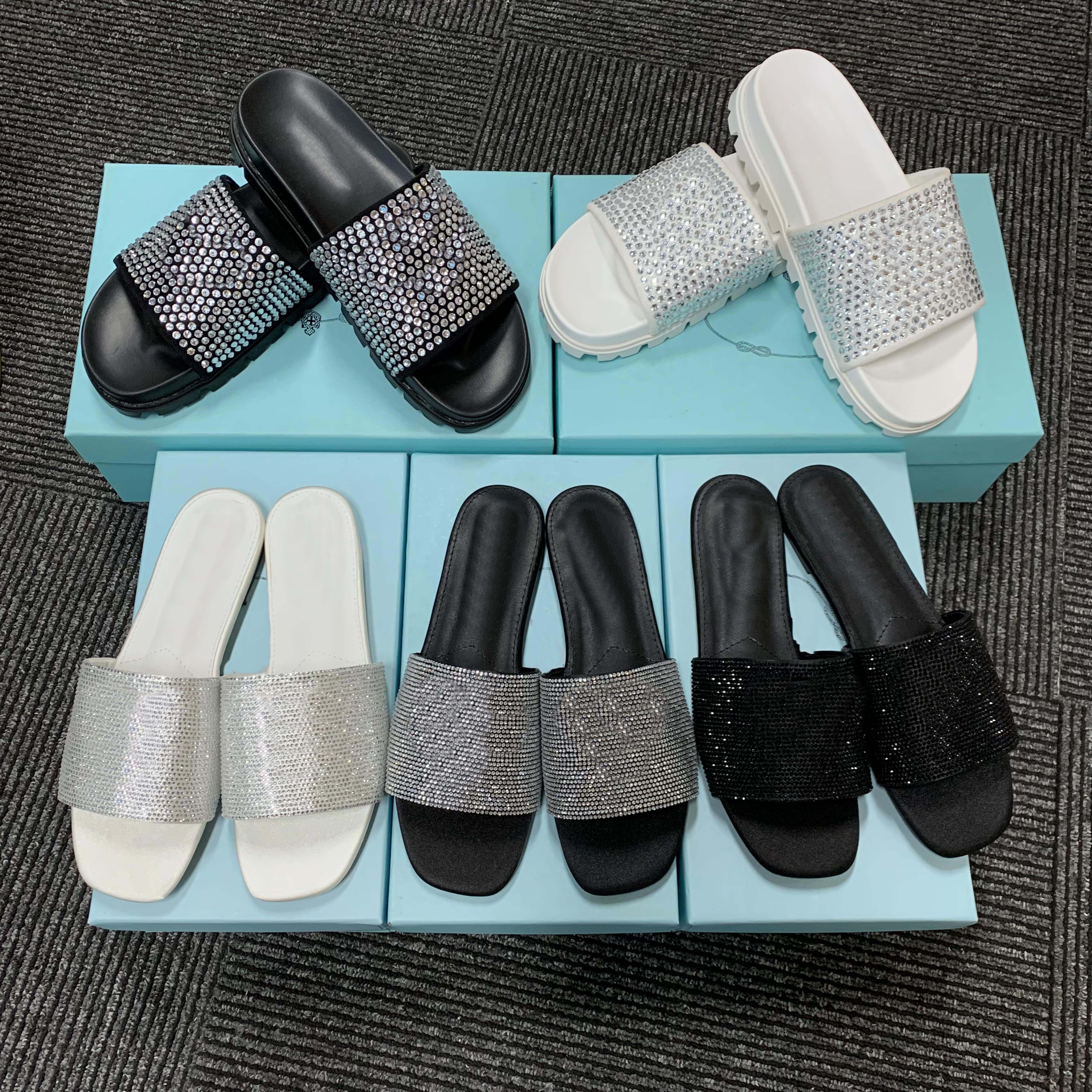 

Summer Women Slippers Satin slides with crystals Sandals Flat Rubber Woman Mules Slippers Casual Fashion Party Ladies Size 35-42