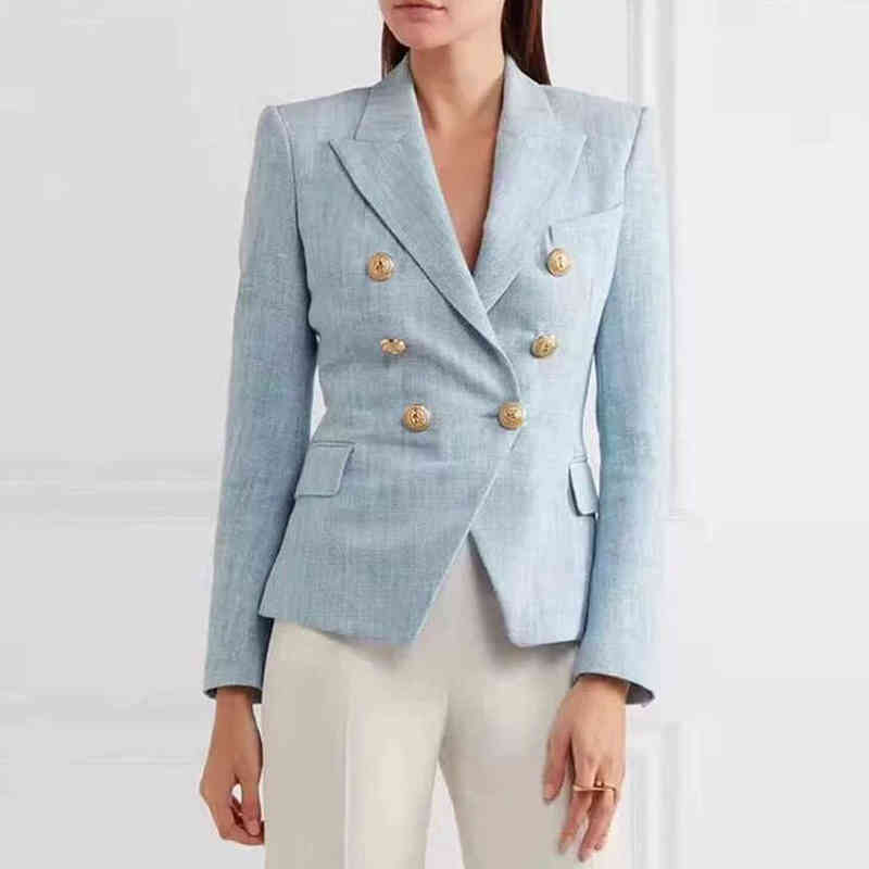 

High Quality Fashion Ladies Light Blue Blazer Notched Long Sleeves Double Breasted Buttons Cotton Office Jacket Women Blazer 2019 J220813