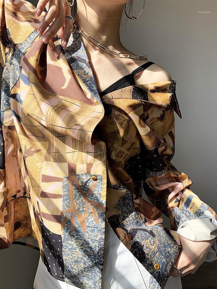 

High Quality Turn Down Collar Print Shirts Long Sleeve Women Blouse Autumn Loose Vintage Shirt Tops SL270 Women' Blouses, Multi