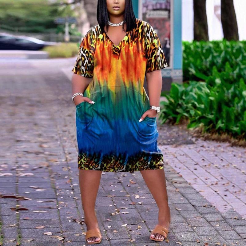

Plus Size Dresses 2022 Stylish Women Summer Casual V-Neck Loose Dress Short Sleeve Knee Pocket Clothing -5XLPlus, Blue