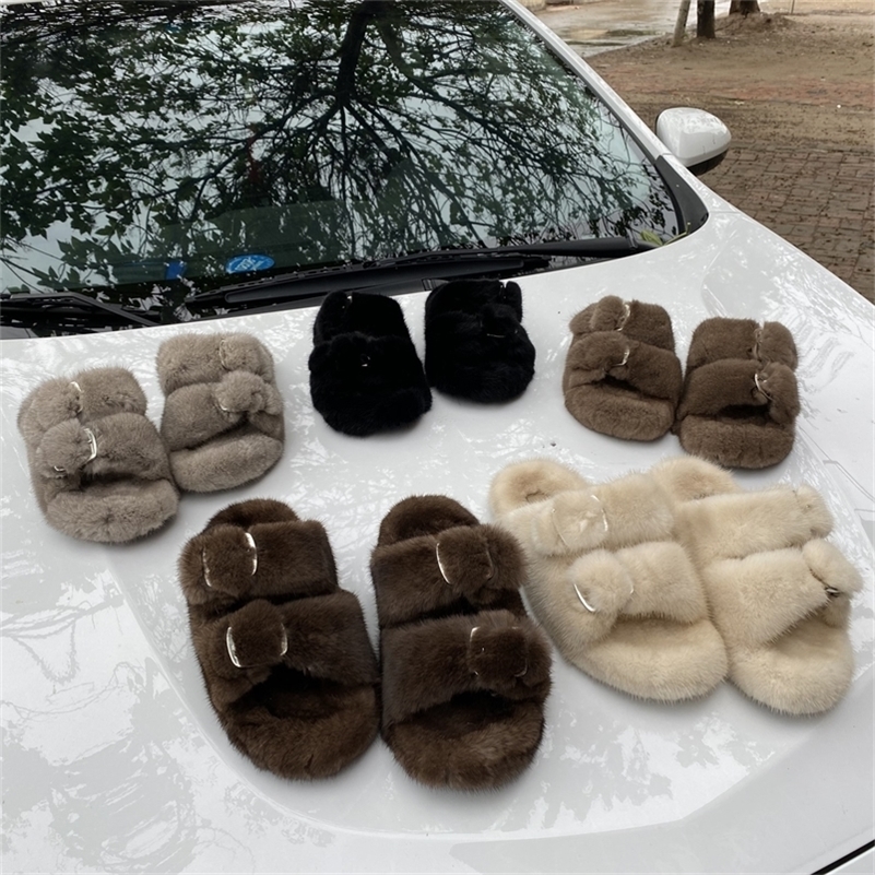

100 mink fur slippers women shoes slides Real cute women's 210203, Red jade