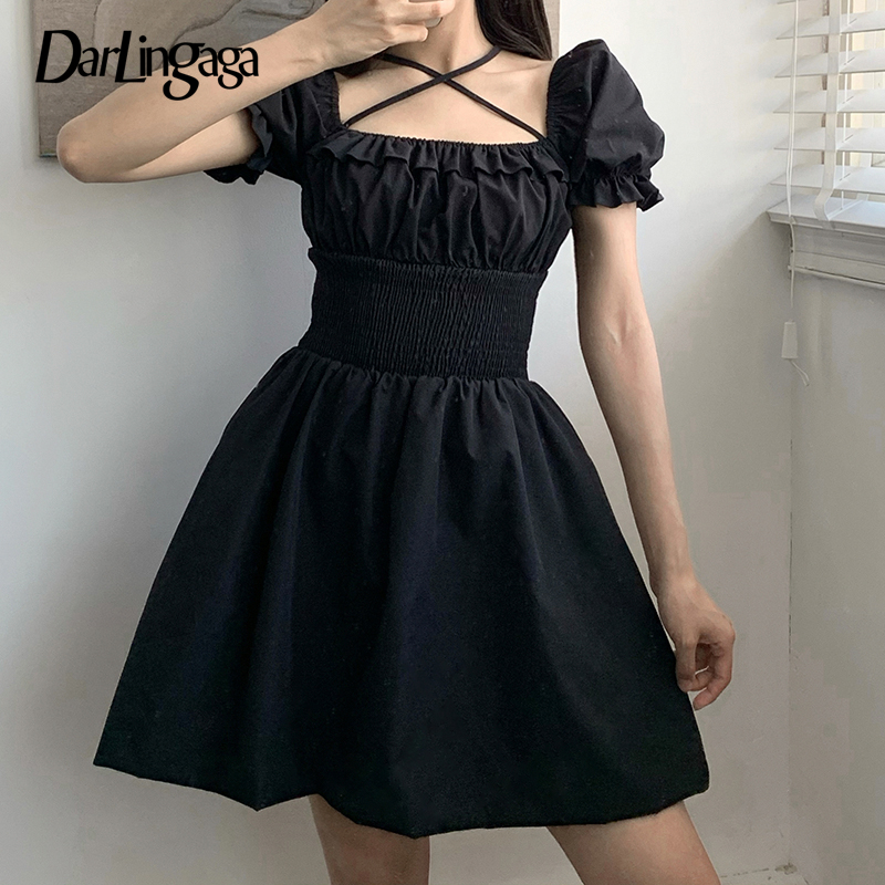 

Darlingaga Gothic Ruched Black Dress Ruffles High Waist Dark Elastic Women Dresses Mall Goth Halter Summer Dresses Mini Vestidos