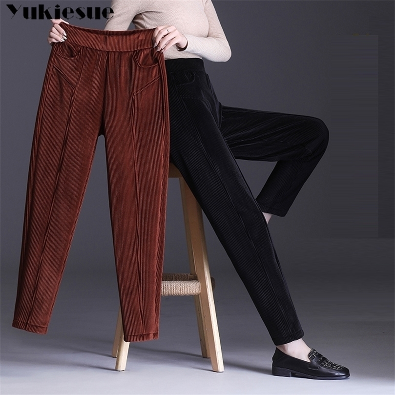 

Women Corduroy Warm Corduroy Pants Autumn Winter Elastic Waist Plus Velvet Loose Harem Pants with Pockets Trousers 201228, Black