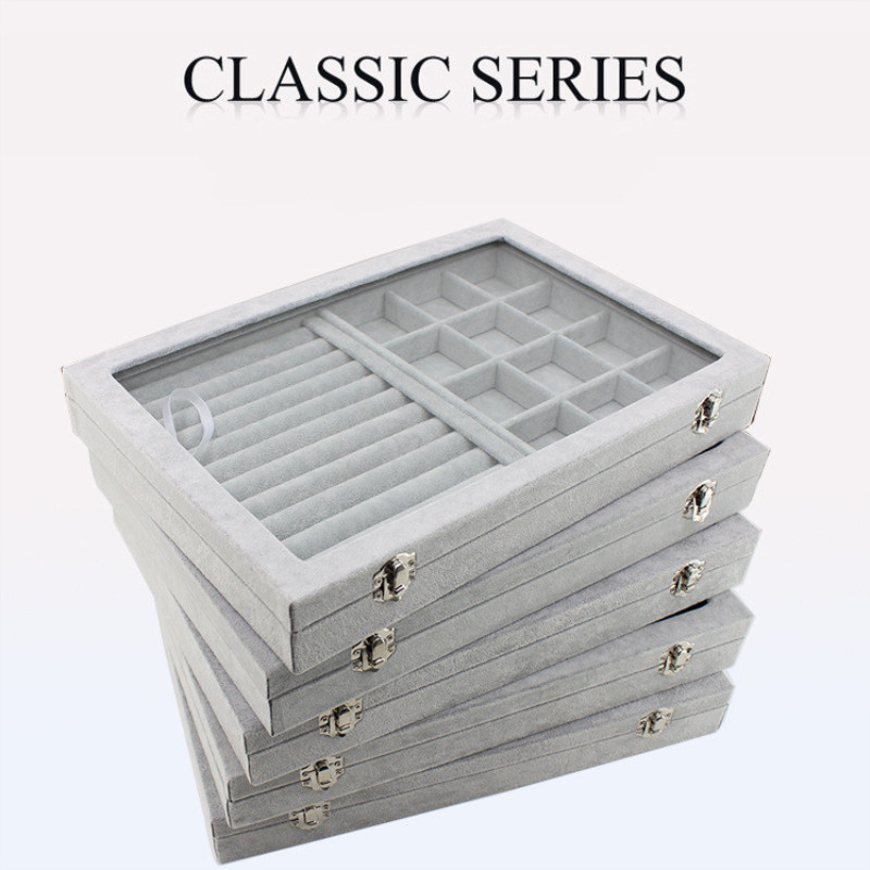 

Big Velvet Gray Carrying Case with Glass Cover Jewelry Ring Display Box Tray Holder Storage Organizer Earrings Bracelet 220617