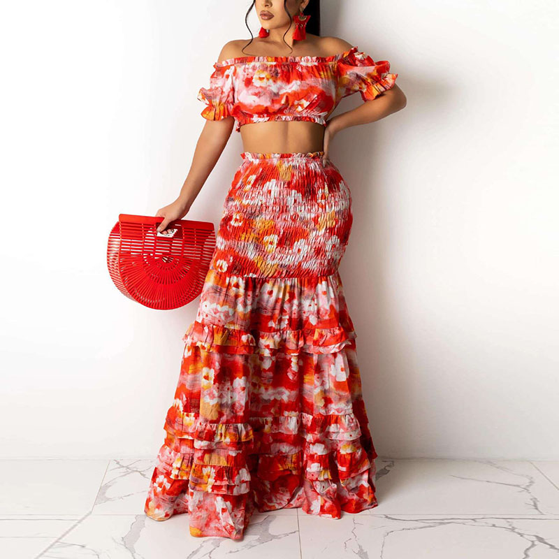 Two Piece Women Floral Printed Chiffon Dress Suits Sexy Off Shoulder Raglan Sleeve Tube Top&amp Ruffel Hem Splicing Maxi Skirts-image-775513122