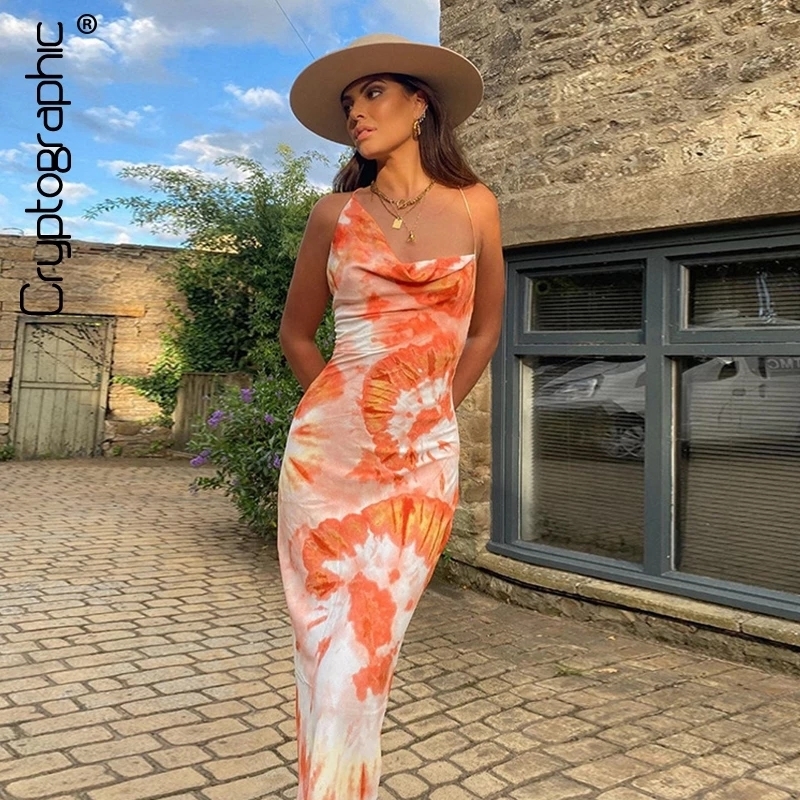 Cryptography tie dye imprimement mode sexy backless lacet up midi robes sans manches club de fête de fête de vacances à la robe de soleil 220521