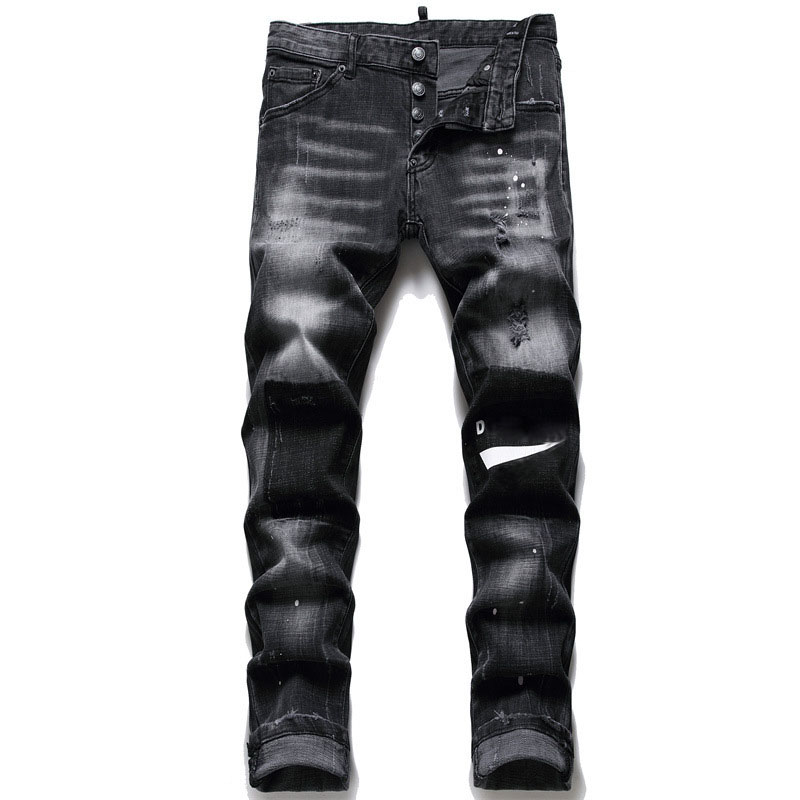 Black Designer Jeans Mens Punk Hip Hop Clothing Fashion Streetwear Destroyed Frayed Hole Elastic Mid Waist Long Denim Pants for Jogging