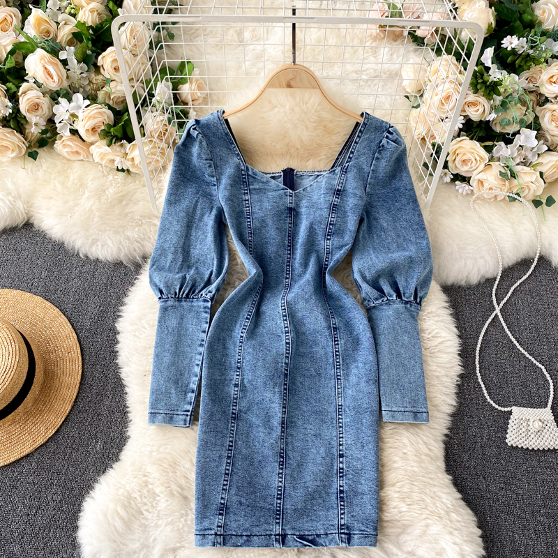 

Korean Women Design Sense Niche Lamb Leg Sleeves Slim Short Denim Dress 2022 Spring Autumn Style Temperament V-Neck Vestidos 2022, Same as picture