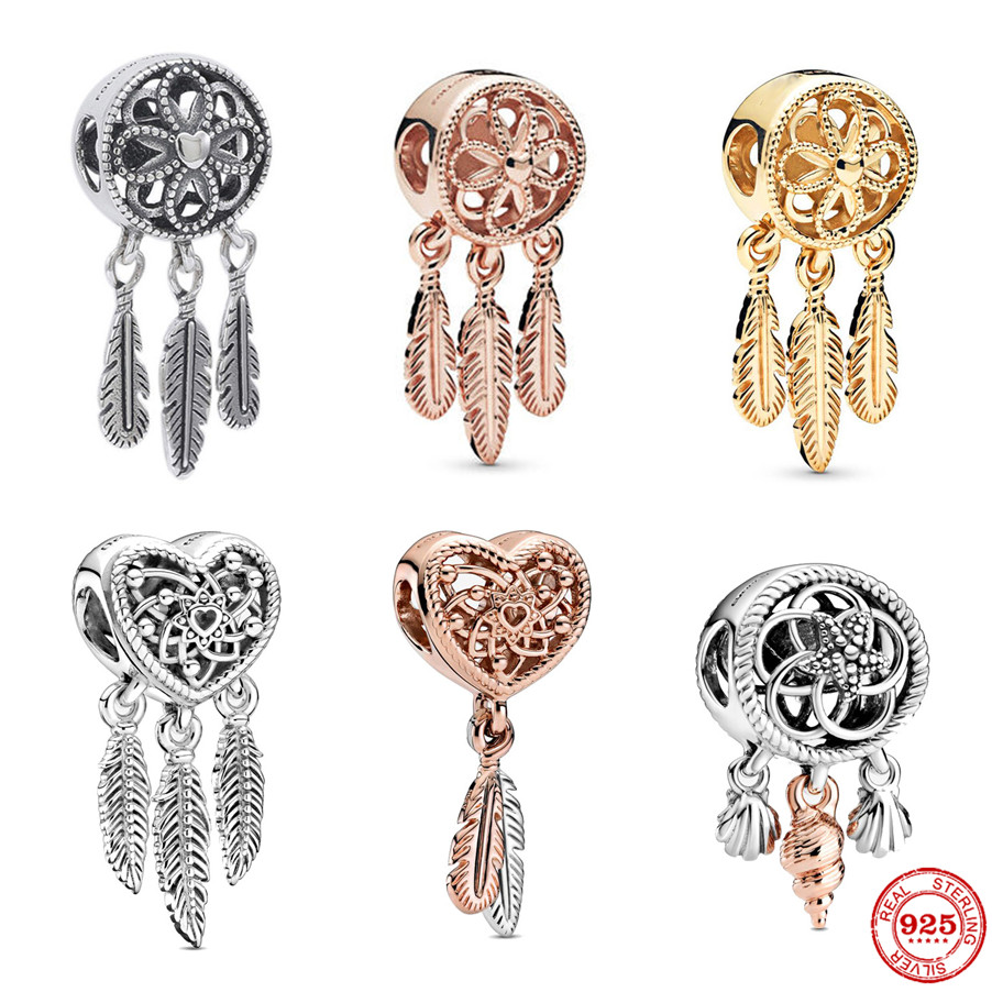 

925 Sterling Silver Dangle Charm Three Feathers Dreamcatcher Bead Fit Pandora Charms Bracelet DIY Jewelry Accessories
