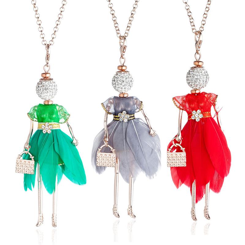 

Pendant Necklaces Crystal Doll Necklace For Women 8 Color Irregular Feather Dress Gold Chain Rhinestone Jewelry Girl Gift BijouxPendant