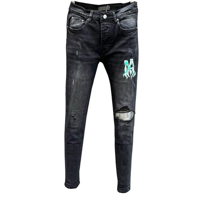 

Men's Jeans Hip Hop Men Retro Blue High Street Heavy-Duty Wrecking Rips Erosive Cashew Letter Graphic Pants Beggar JeansMen's, Black