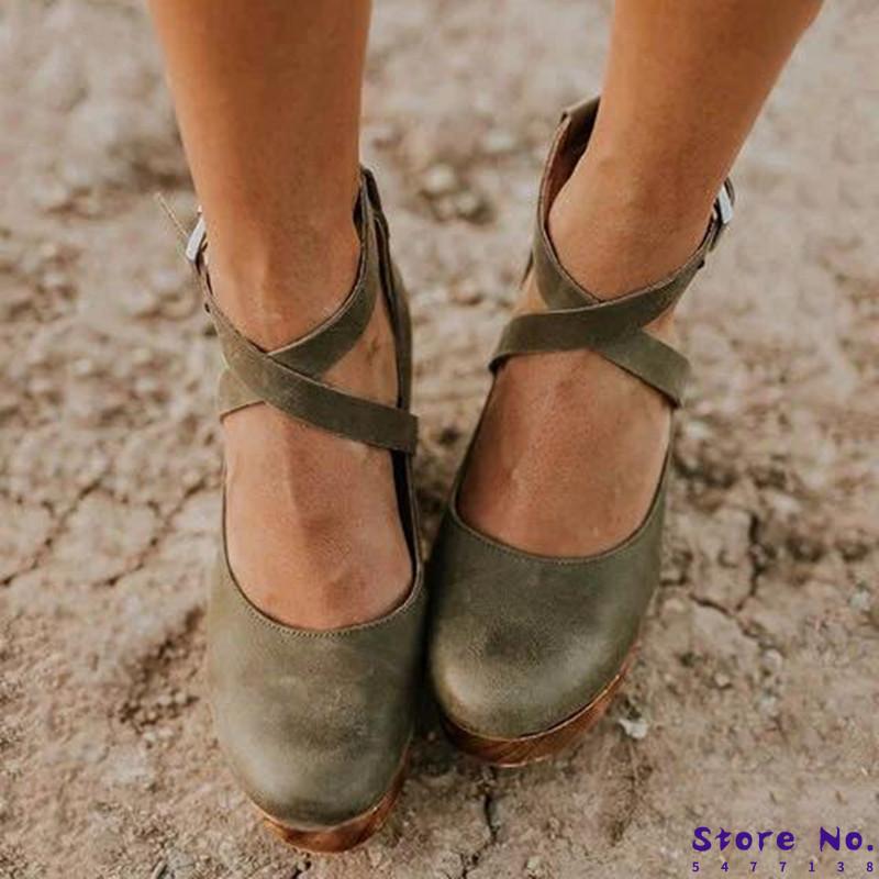 

Dress Shoes Thick High Heels Ladies Leather Ankle Pumps Round Toe Footwear Sandals Fashion Women Autumn Black Plus Size 35-43