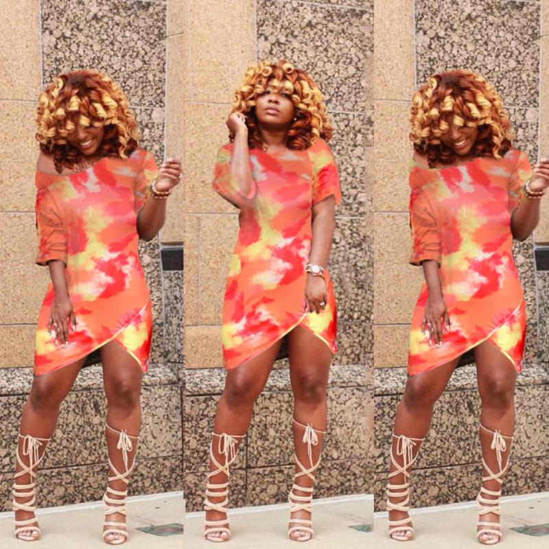 

Plus Size Dresses Women Dress Summer Tie-dye Printing Short Sleeve Fashion O-neck Above Knee Female Casual Streetwear, Coral red
