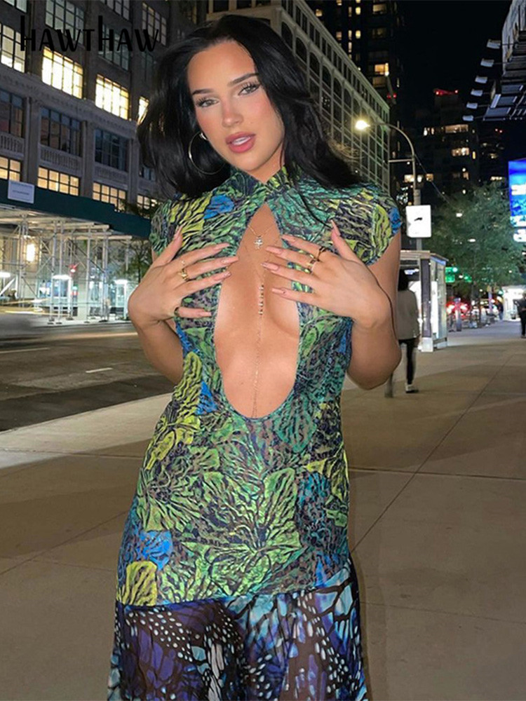 

Hawthaw Women Short Sleeve Hollow Out Bodycon Printed See Through Midi Dress 2022 Summer Clothes Wholesale Items For Business, Multi